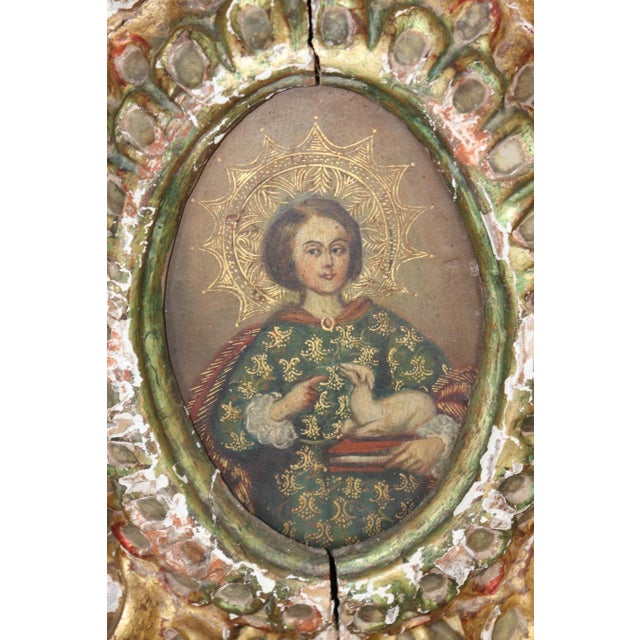 Gold Pair Antique Carved and Gilded Wood Wall Reliquary Plaque With Angel Crests For Sale - Image 8 of 10