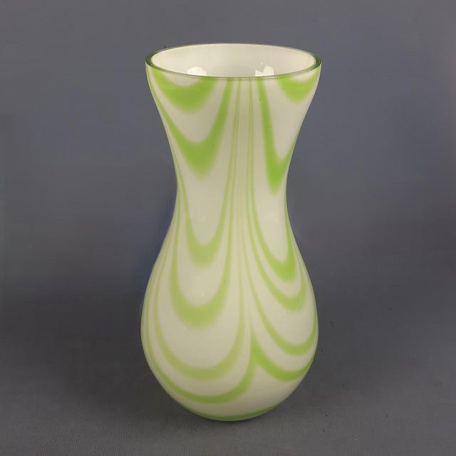 Modern Murano Glass Vase with Opaline White and Green Festoon Design from Carlo Moretti, 1970s For Sale - Image 3 of 11