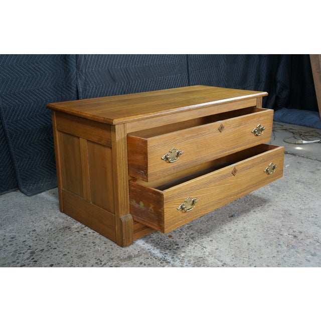 Antique Victorian Oak Two Drawer Lowboy Dresser Blanket Chest Tv Console Bench 43" For Sale - Image 9 of 17