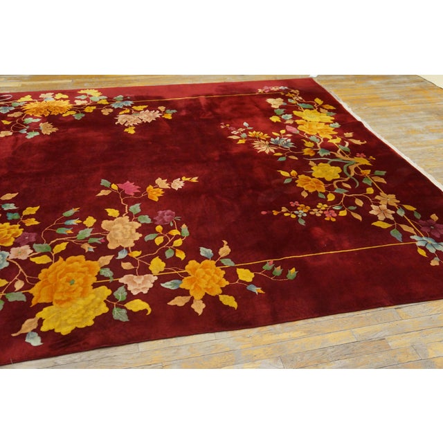 1930s Red Burgundy Floral Antique Chinese Art Deco Rug 8' 6" X 11' 6" Handknotted Wool Carpet For Sale - Image 4 of 6