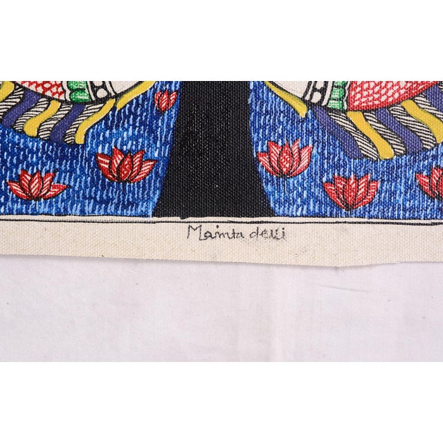 Folk Art Mamta Devi, 2016 National Award-Winning Artist – Hand-Painted Madhubani Folk Painting on Canvas, Tree of Life, Fish & Lotus Motifs For Sale - Image 3 of 4
