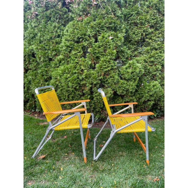 Pair of Vintage C. 1970’s Aluminum and Hardwood Folding Lawn Chairs For Sale - Image 4 of 14
