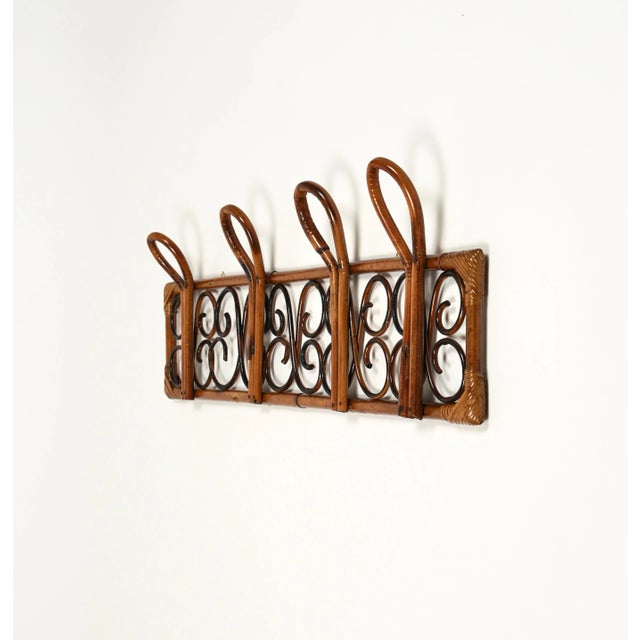 Wood Mid-Century Italian Rattan and Bamboo Wall Coat Rack Stand, 1960s For Sale - Image 7 of 10