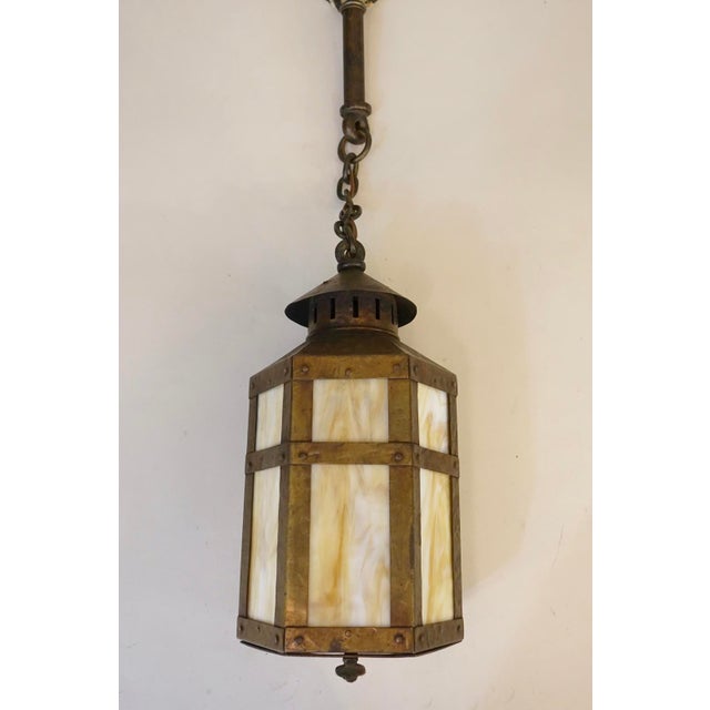 1910s Arts & Crafts Copper Iron Stained Glass Mission Hexagon Chimney Lantern Hanging Lamp 1910's For Sale - Image 4 of 14