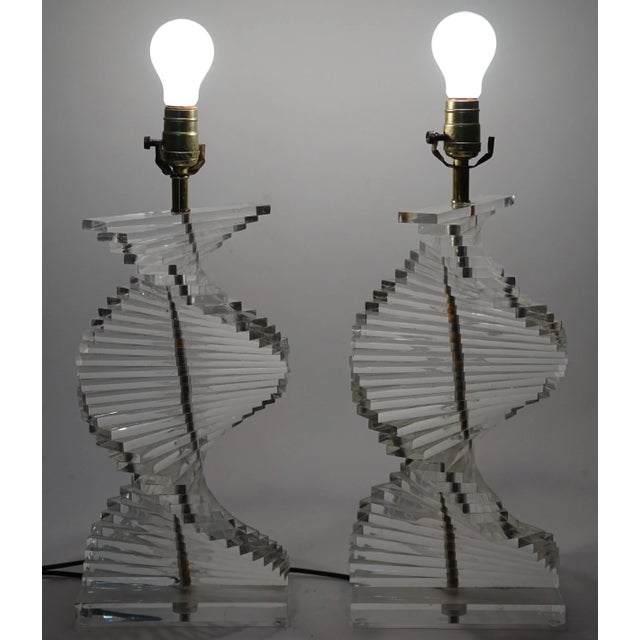 Plastic 1970s Hollywood Regency Stacked Lucite Table Lamps - a Pair For Sale - Image 7 of 8