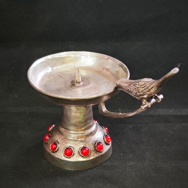 Metal Bird-Handled Altar Candle Holder With Red Jewels For Sale - Image 9 of 10