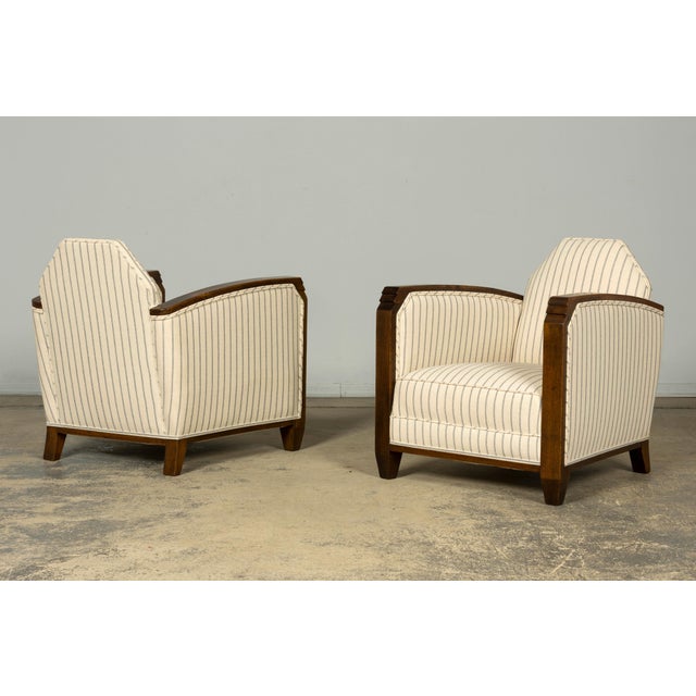 Pair of 1930s French Art Deco Oak Lounge Chairs in Blue Striped Fabric For Sale In New York - Image 6 of 17