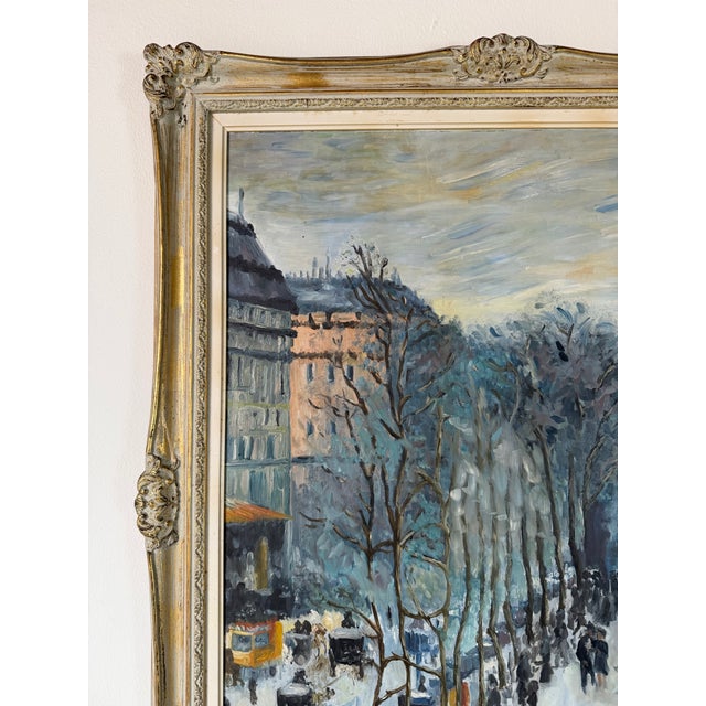 Wood Vintage Impressionist Parisian Boulevard Landscape Oil on Canvas Painting, After Claude Monet For Sale - Image 7 of 13