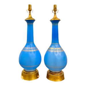 Vintage Murano Satin Glass and Gilt Wood Table Lamps - a Pair