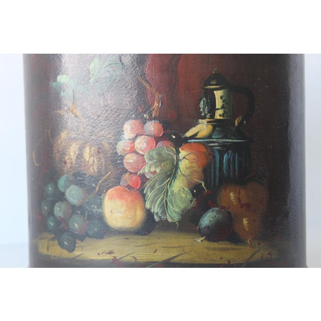 English Style Arts & Craft Tole Hand Painted Fruit Still Life Oval Wastebasket Nailhead Detail Vintage Mid-Century For Sale - Image 13 of 13