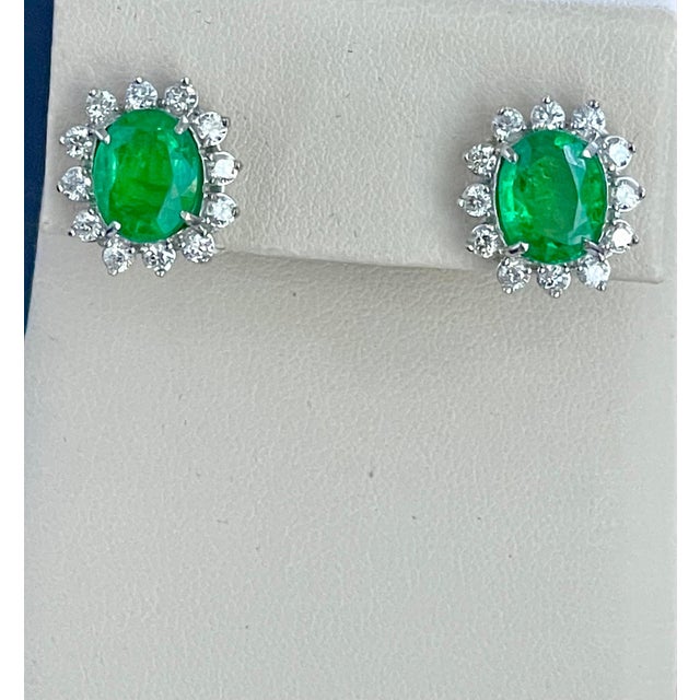 Emerald 8 Ct Oval Colombian Emerald & 2.5 Ct Diamond Post Back Earrings 18 Kt White Gold For Sale - Image 8 of 18