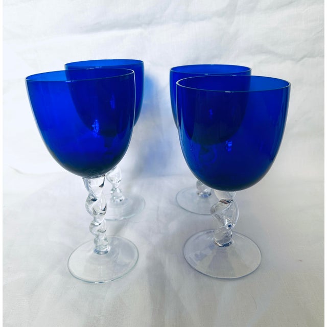 Set of 4 Empoli Cobalt Blue Twisted Stem Goblets & Wine Glasses For Sale In Palm Springs - Image 6 of 6