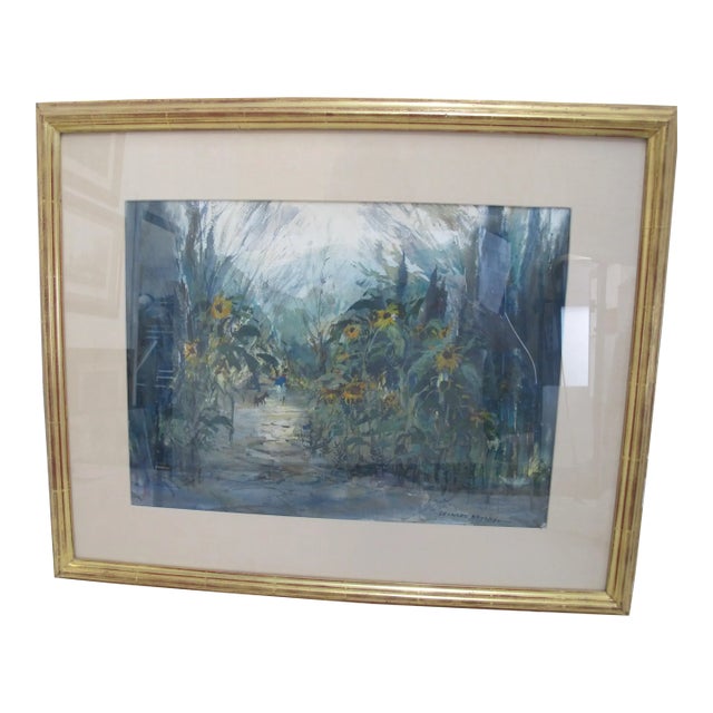 Frank Leonard Brooks Signed Gilt Frame Sunflower & 2 Figures Watercolor Painting For Sale