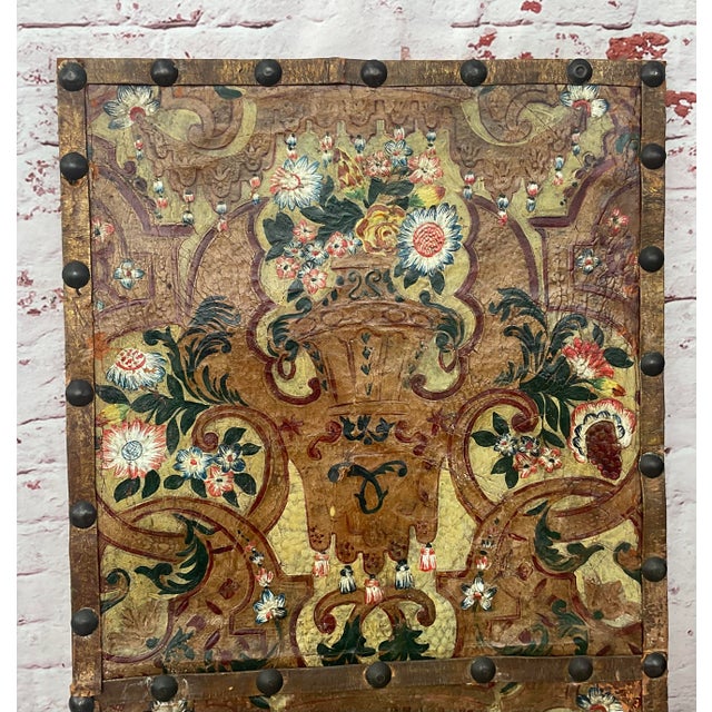 Italian Painted and Tooled Leather Panels a Pair For Sale - Image 4 of 12