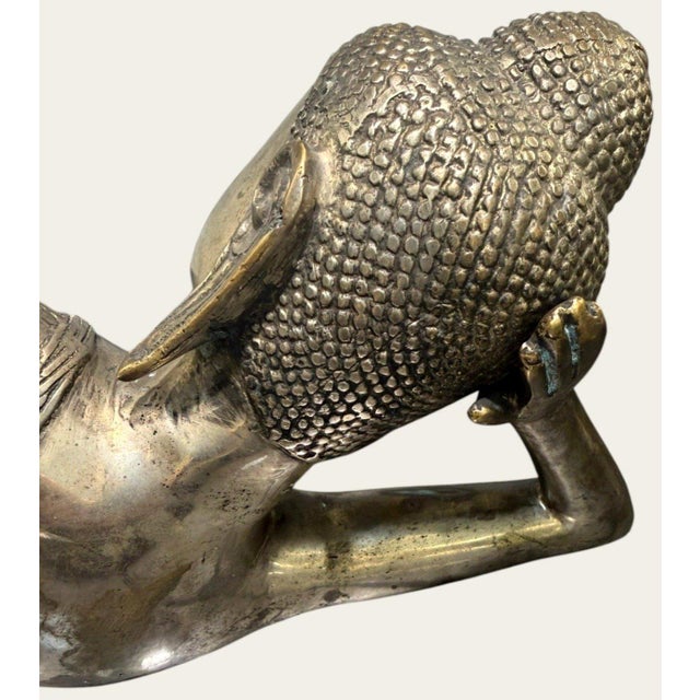 Vintage Thai Reclining Buddha Hollow Cast Brass Sculpture 22.25" Parinirvana For Sale - Image 9 of 12