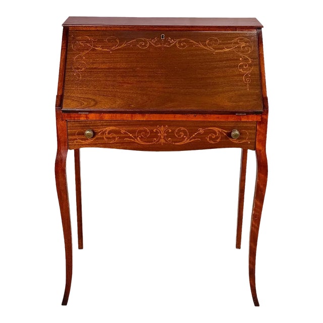 Antique Victorian Mahogany Inlaid Fruitwood Drop Front Secretary Desk For Sale