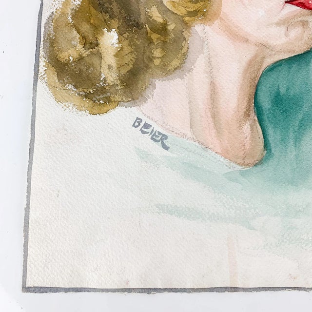 Mid 20th Century Vintage Original Watercolor Modernist Female Portrait Painting Signed Beier For Sale - Image 5 of 9