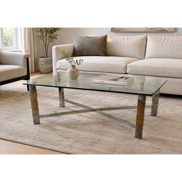 Vintage MCM Chrome & Glass X-Base Coffee Table - 50" Striking vintage modern coffee table featuring a substantial clear...