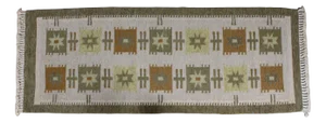 Scandinavian Hand-Woven Röllakan Rug in Wool with Fringes and Geometric Pattern, 1970s