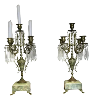 Green Marble and Brass 5 Branch Candleholders, Set of 2