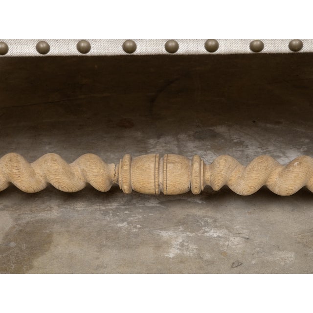 English 1900s Bleached Wood Bench with Barley Twist Base and Custom Upholstery For Sale - Image 11 of 12