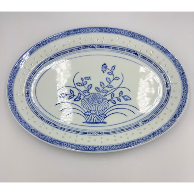 Ceramic 1970s Tienshan Blue & White Porcelain Rice Grain Oval Serving Platter For Sale - Image 7 of 7