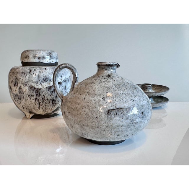Boho Chic Studio Ceramics Set of Lidded Box, Handled Vase and Two Candlesticks by Serocka, Germany, 1970s, Set of 4 For Sale - Image 3 of 15
