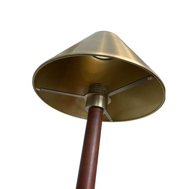 Mid-Century Modern Lauren Ralph Lauren Home Brass & Leather Buffet Table Lamps – Campaign Style Designer Lighting - Pair For Sale - Image 10 of 11
