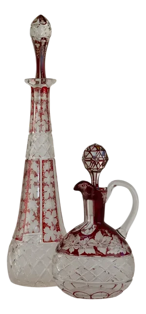 Bohemian Crystal Ruby Decanters with Wine Leaves, 1920s, Set of 2