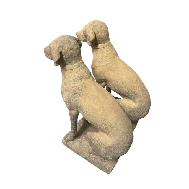 Traditional Pair of Vintage Weathered Cast Stone Seated Pointer Garden Statues For Sale - Image 3 of 12
