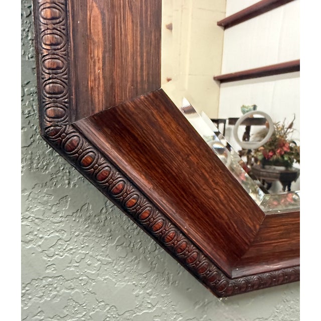 Antique English Jacobean Mirror Framed Beveled Octagonal Oak c.1930s For Sale - Image 4 of 18