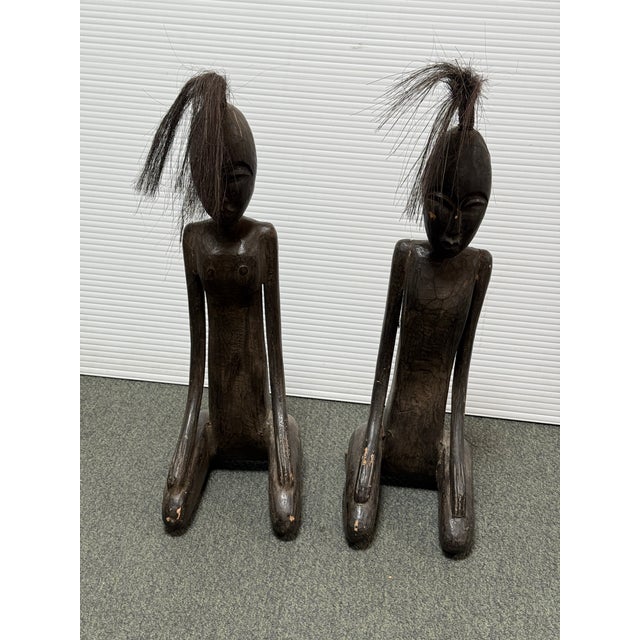 African Late 20th Century African Male + Female Figure Carved Sculptures, Pair For Sale - Image 3 of 12