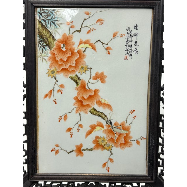 Orange Chinese Orange Blossoms Porcelain Painting Wood Frame Tabletop Screen Art For Sale - Image 8 of 9