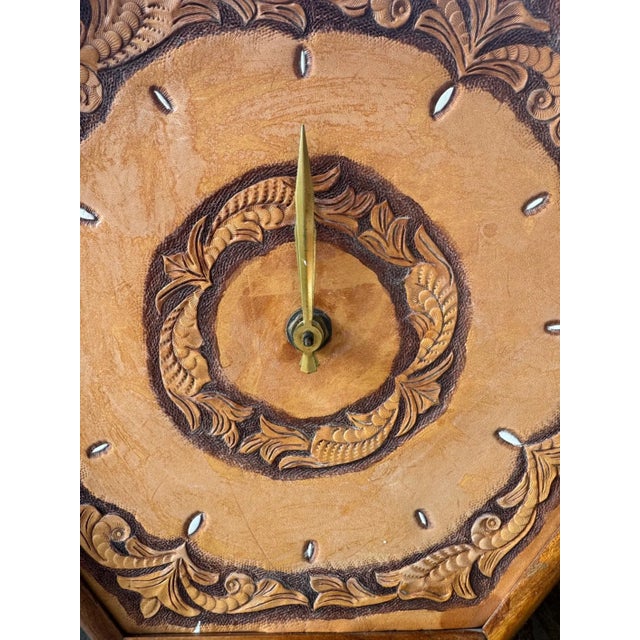 1960's Hexagon Wood & Tooled Leather Wall Clocks – Working Pair For Sale - Image 11 of 14