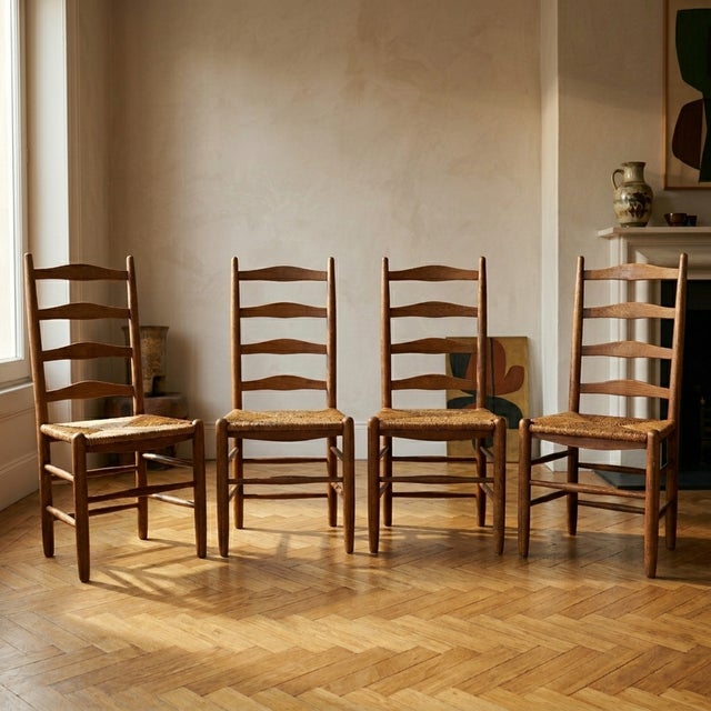 Rustic Ladder Back Dining Chairs in Oak and Rush Seats, Belgium, 1960s, Set of 4 For Sale - Image 4 of 4