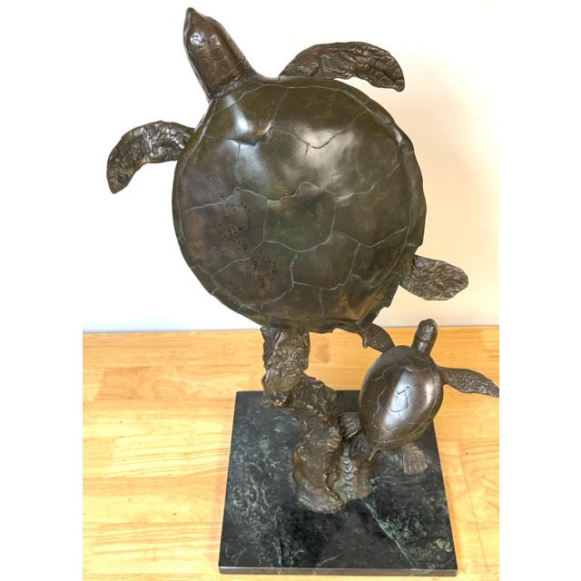 Monumental Bronze Sea Turtle Sculpture on Marble Base, Late 20th Century A striking and highly sculptural bronze...