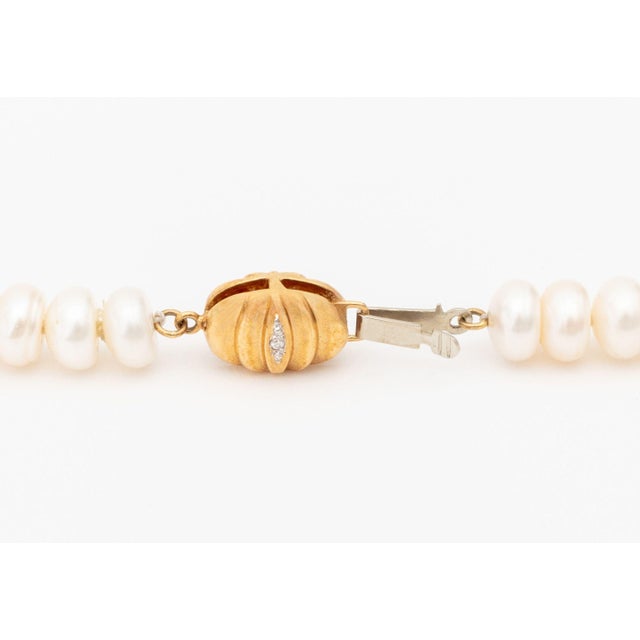 White Classic Freshwater Pearl 18k Yellow Gold Diamond Necklace For Sale - Image 8 of 10