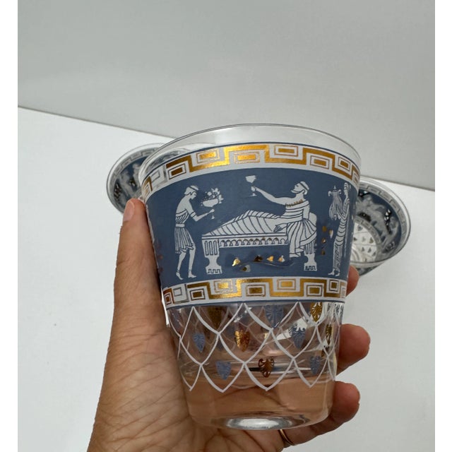 Mid-Century Modern 1960s Cocktail Glasses (4) With Blue and Gold Etruscan Frieze Low Ball Cocktail Glasses by Cera Glass For Sale - Image 3 of 4