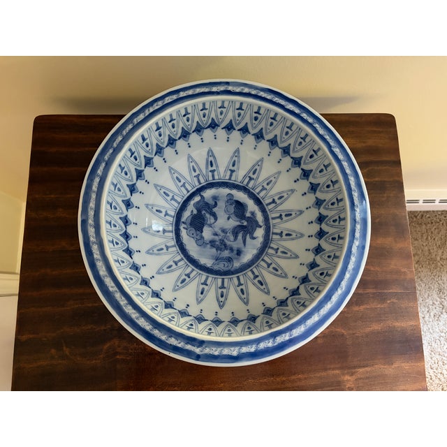Chinoiserie Chinoiserie Blue and White Porcelain Large Decorative Bowl With Koi Fish Motif For Sale - Image 3 of 7