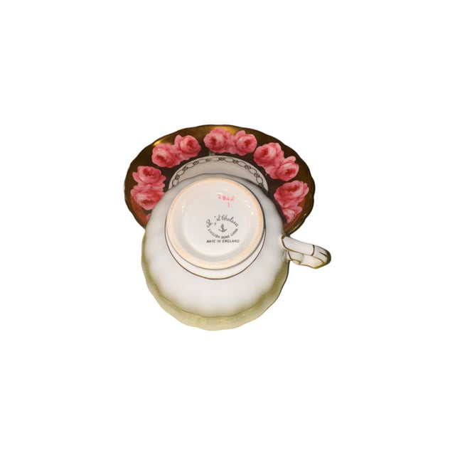 1950s Royal Chelsea ‘Pink Cabbage Roses’ Teacup & Saucer Set - Gold English Bone China For Sale - Image 4 of 10