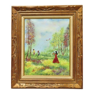 Vintage Louis Cardin Enamel on Copper Painting Framed "Woman With Boys & Kite" For Sale