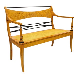 Mid 20th Century Vintage Italian Biedermeier X-Frame Burlwood Cane Seat Klismos Long Bench Settee For Sale
