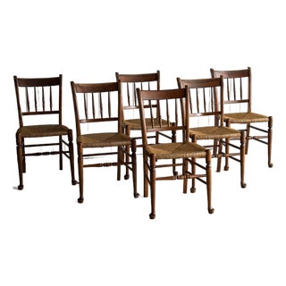 Vintage Maple Spindle-Back Dining Chairs With Rush Seats, Set of Six For Sale
