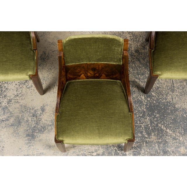 1920s French Art Deco Walnut Gondola Dining Chairs in Olive Green - Set of 8 For Sale - Image 4 of 18