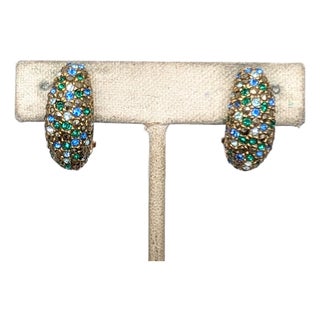 Vintage 1980s Signed Les Bernard Pavé Rhinestone Clip Earrings- 2 Pieces For Sale