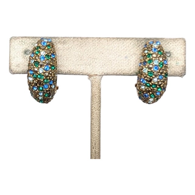 Vintage 1980s Signed Les Bernard Pavé Rhinestone Clip Earrings- 2 Pieces For Sale