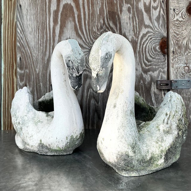 Vintage Coastal Patinated Cast Concrete Swans - a Pair For Sale - Image 9 of 9