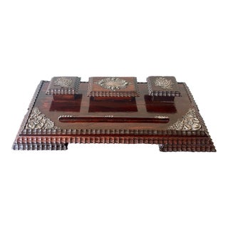 Antique Rosewood Desk Stand Inkwell Set Silver Mounted Writing Stand For Sale
