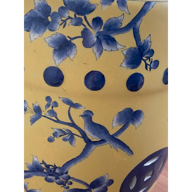 1980s Blue and Yellow Chinoiserie Ceramic Garden Stool For Sale - Image 9 of 11