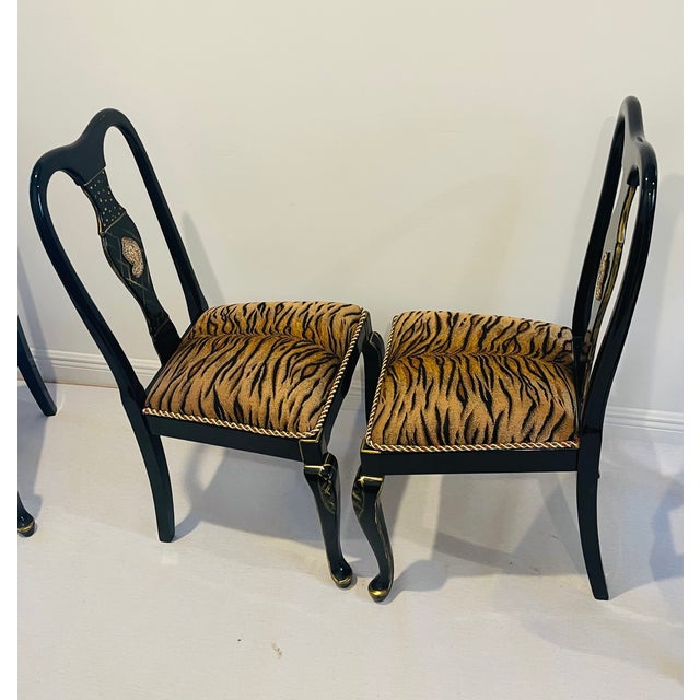 Gorgeous Regency Mid 20th Century Set of 4 Dining Chairs Black Lacquer TigerBrocade For Sale - Image 12 of 14